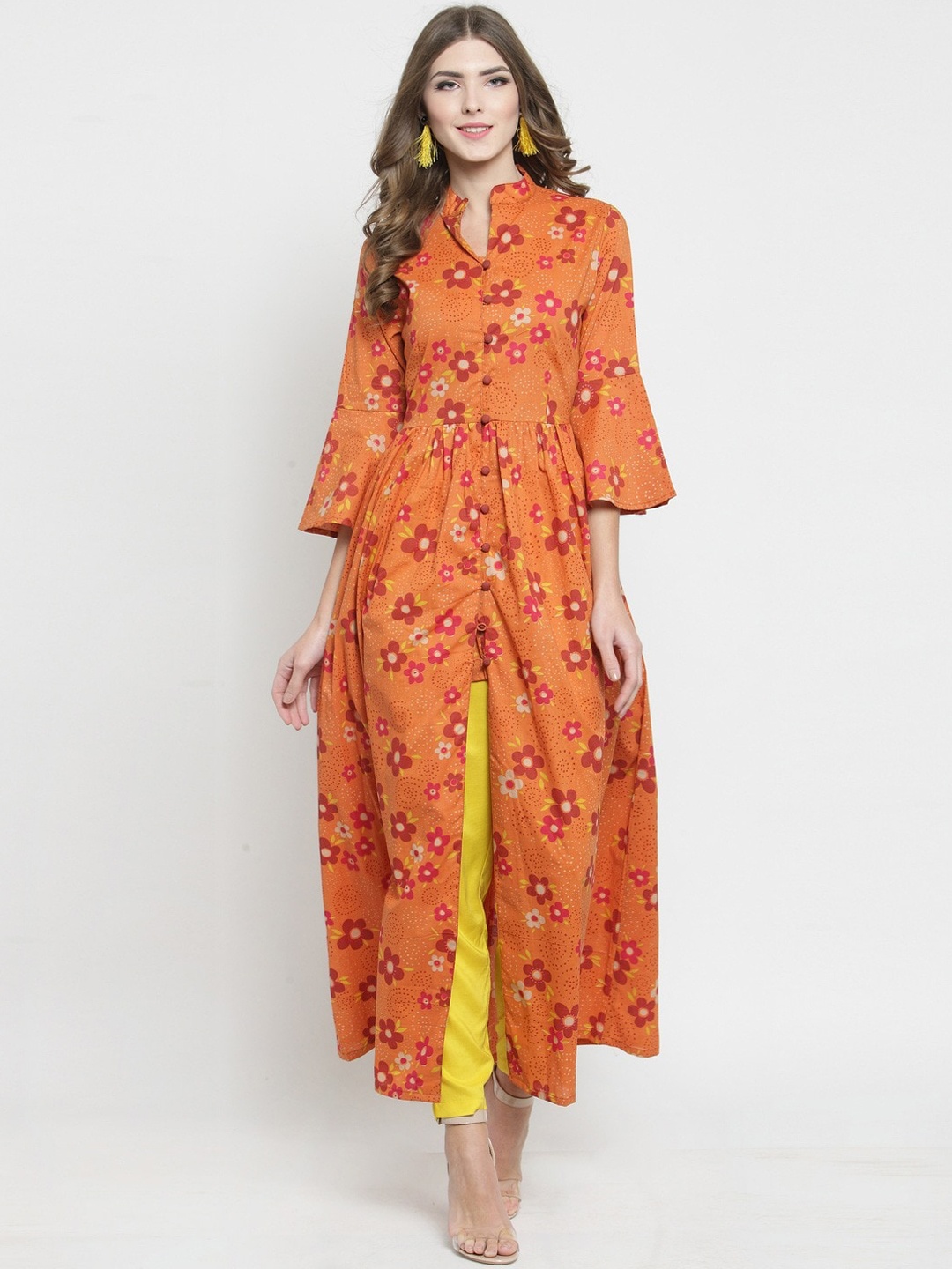

Sera Women Orange & Pink Floral Printed Bell Sleeves Floral Kurta