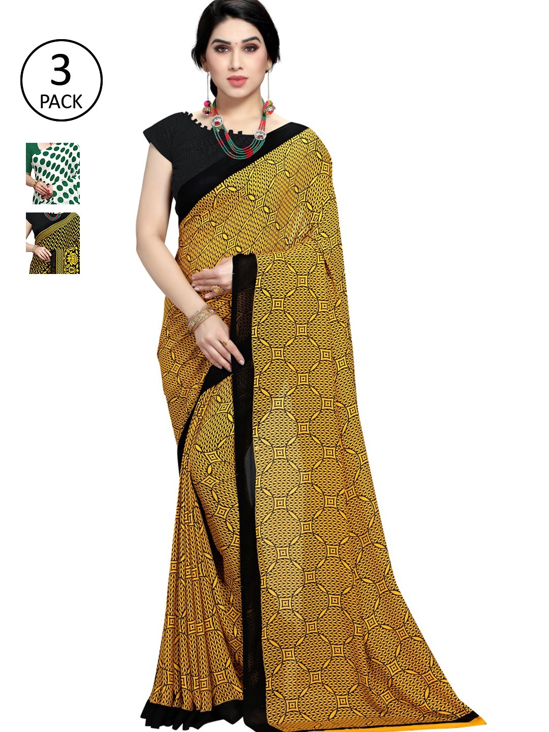 

KALINI Women Pack of 3 Printed Poly Georgette Sarees, Green