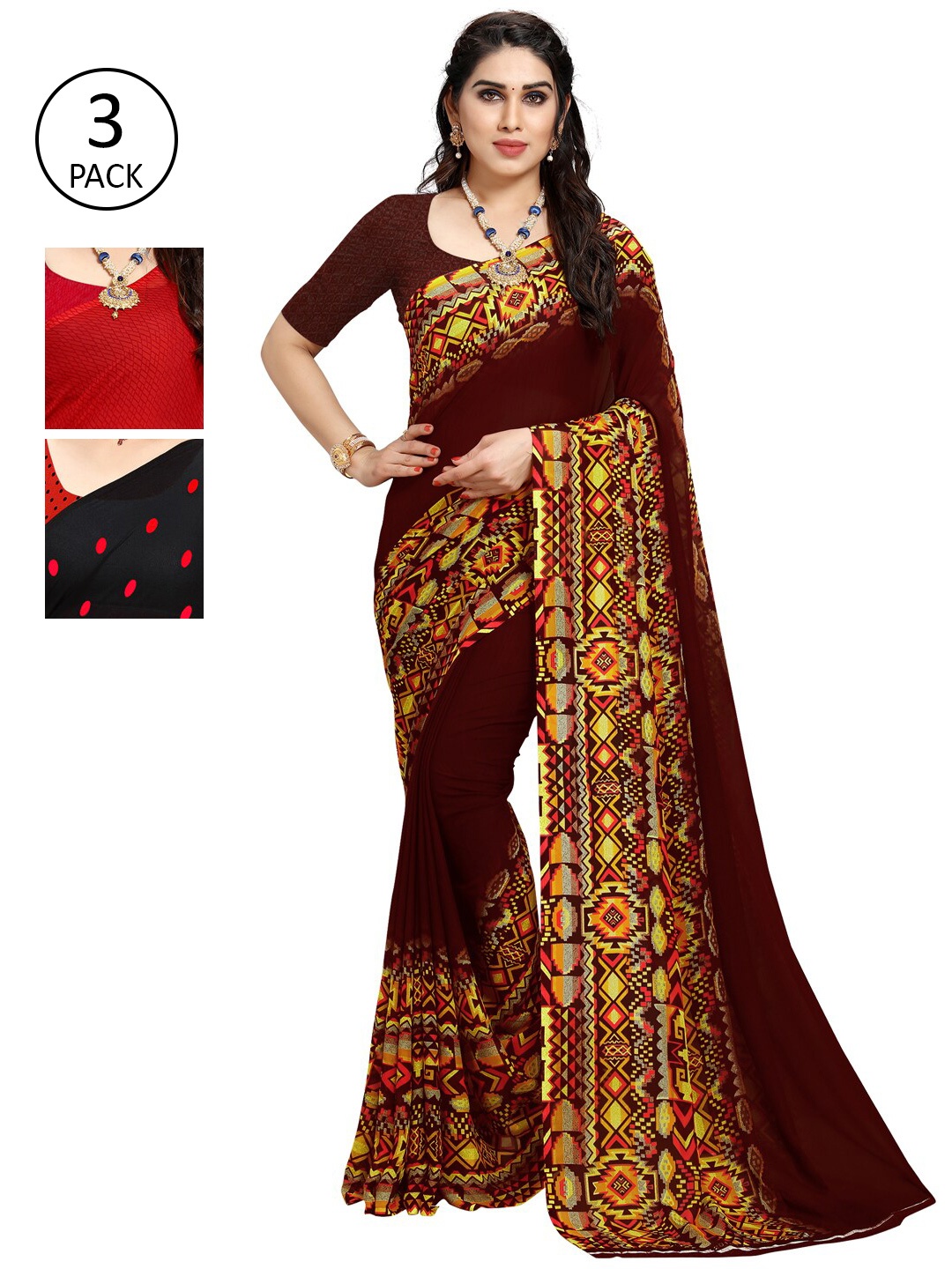 

KALINI Multicoloured Set of 3 Poly Georgette Saree, Multi