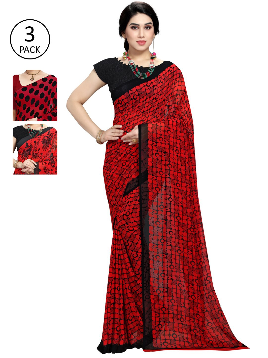 

KALINI Pack Of 3 Poly Georgette Sarees, Red