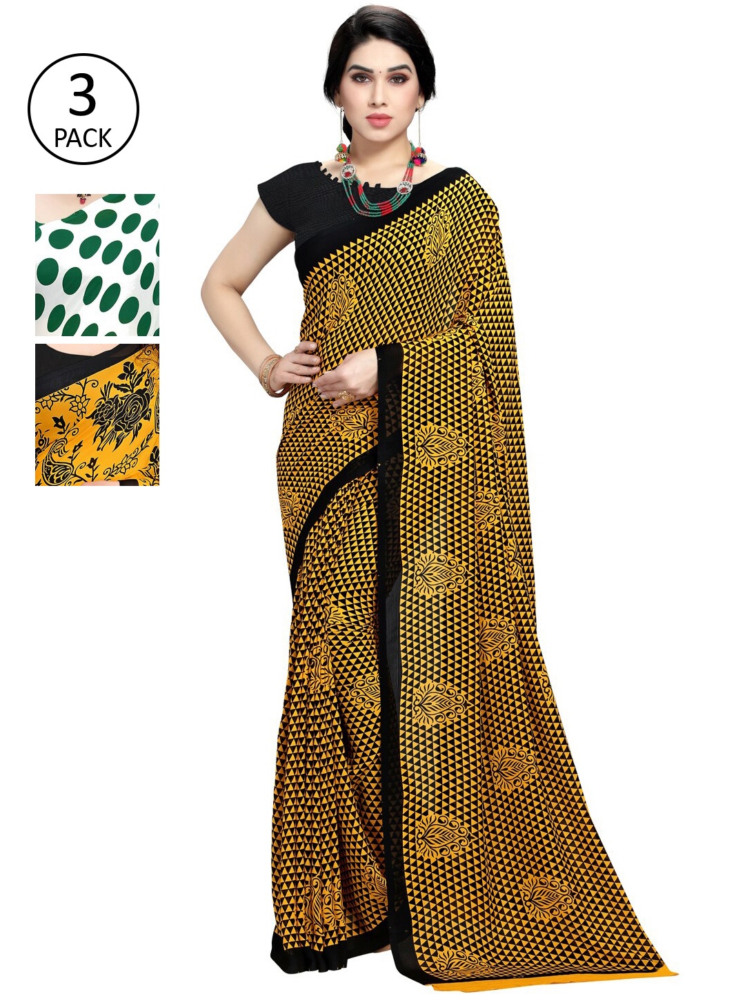 

KALINI Women Pack of 3 Printed Poly Georgette Sarees, White