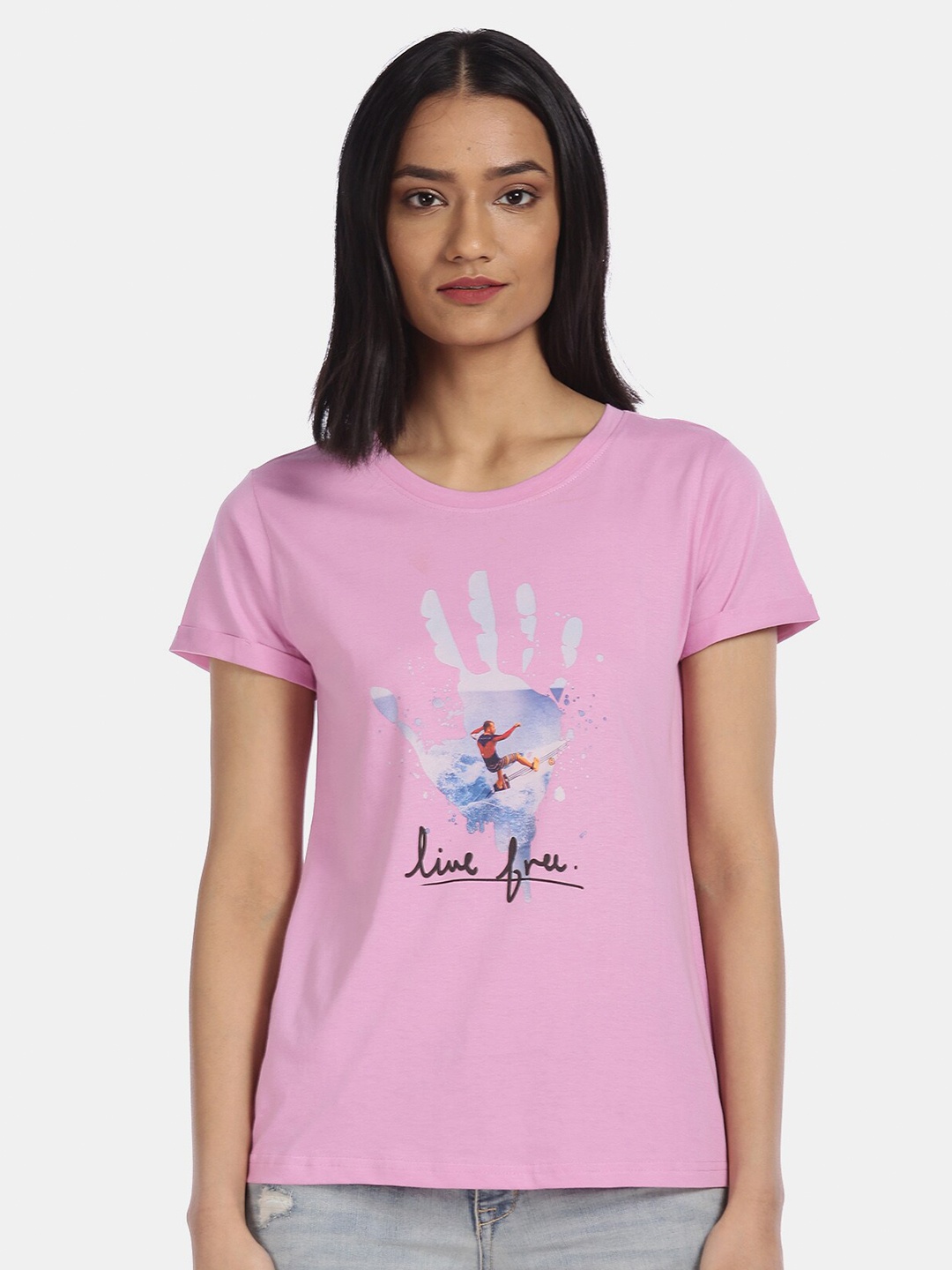 

Sugr Women Pink Printed Drop-Shoulder Sleeves Applique T-shirt