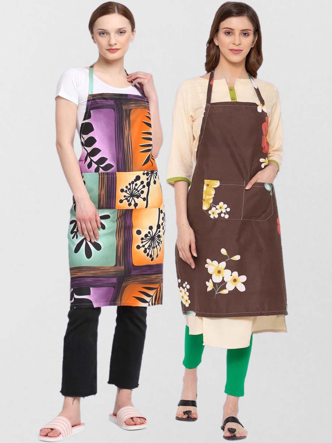 KLOTTHE Pack Of 2 Printed 210TC Cotton Aprons, Brown