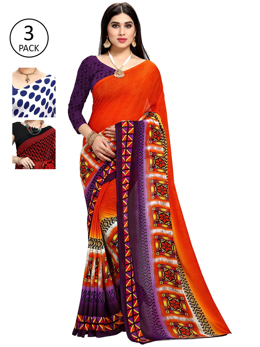 

KALINI Women Pack of 3 Printed Poly Georgette Sarees, Blue