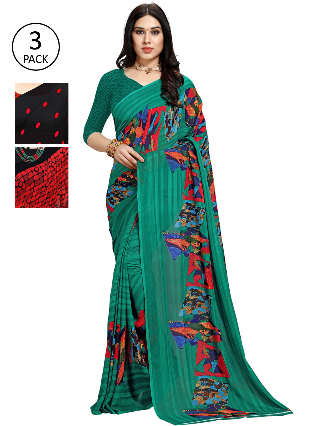 

KALINI Pack Of 3 Poly Georgette Sarees, Green