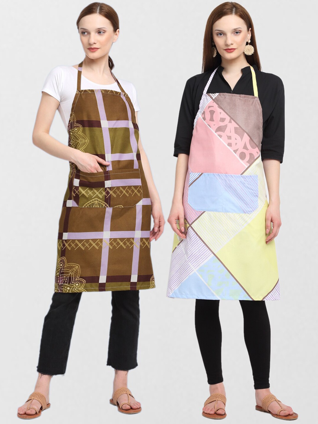

KLOTTHE Pack Of 2 Printed 210 TC Cotton Aprons, Brown