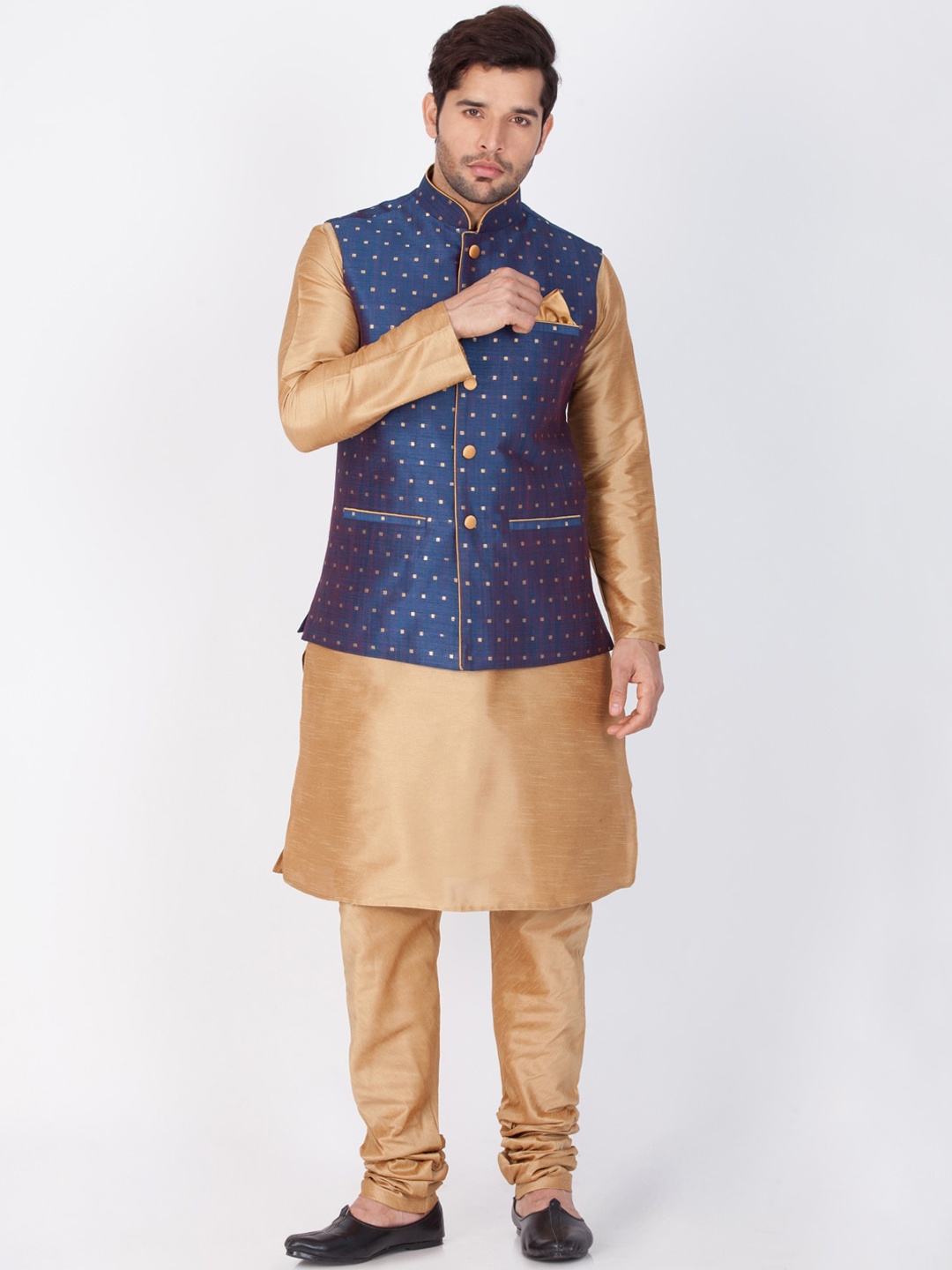 

VASTRAMAY Men Gold-Toned & Blue Layered Kurta with Churidar