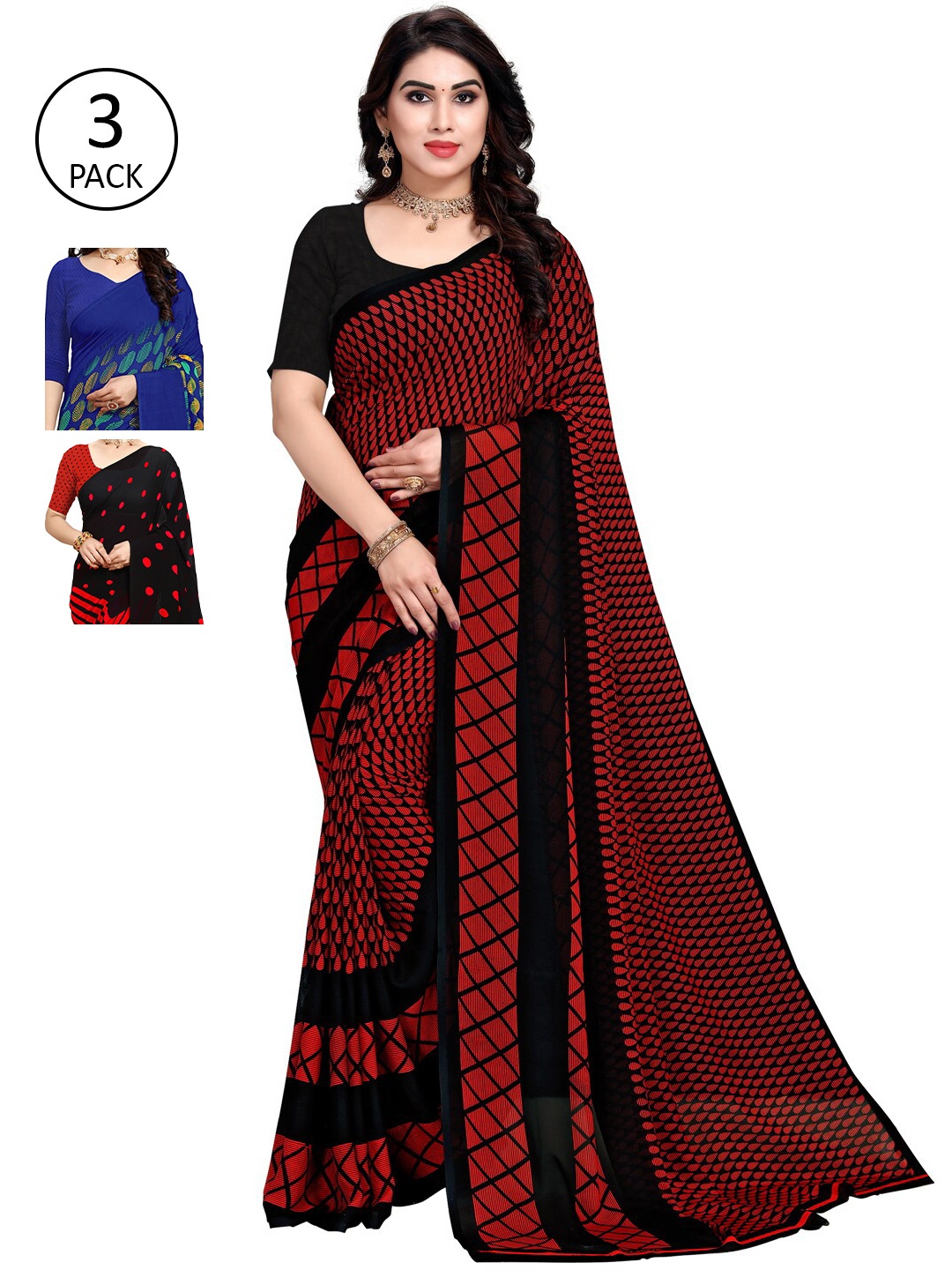 

ANAND SAREES Red & Black Pack of 3 Printed Saree