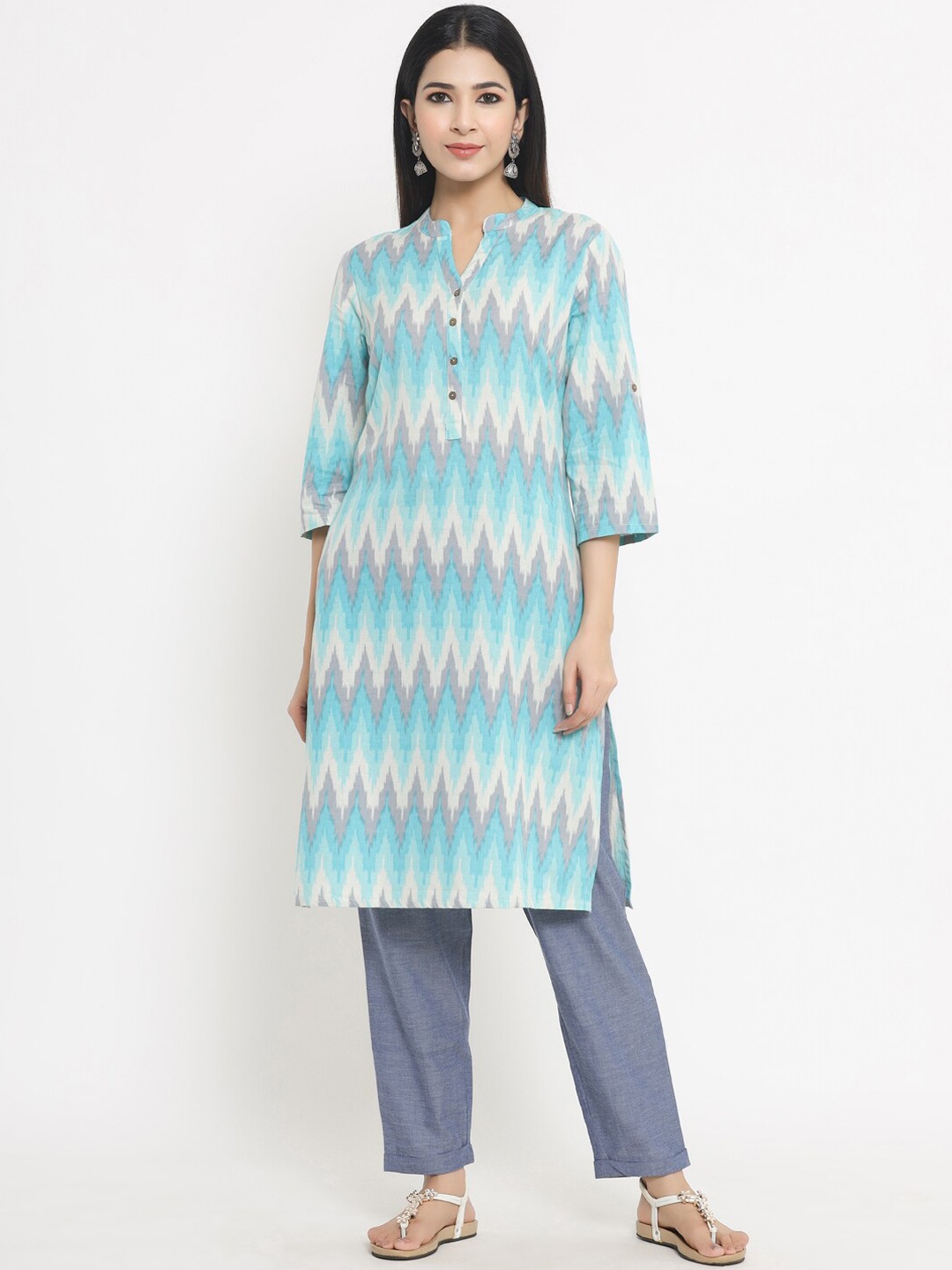 

Sangria Women Turquoise Blue Printed Pure Cotton Kurta with Trousers