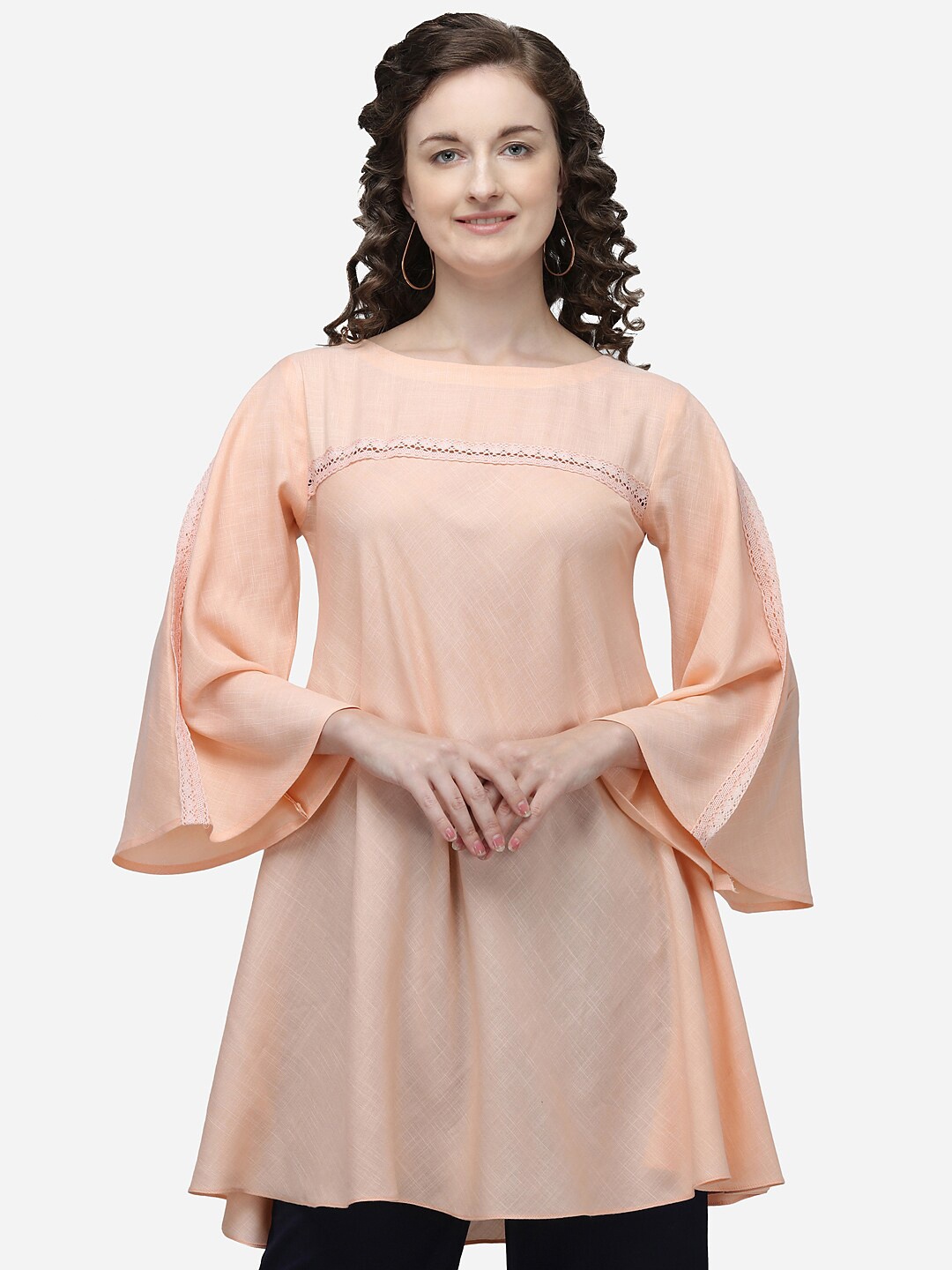 

RAISIN Peach Viscose Rayon Boat Neck Bohemian Tunic