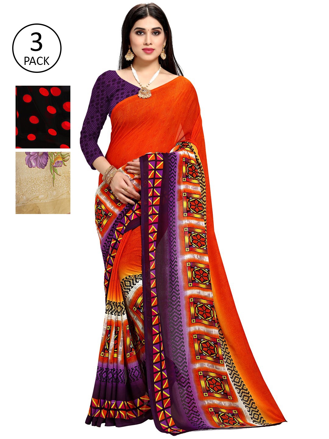 

KALINI Women Pack of 3 Printed Sarees, Black