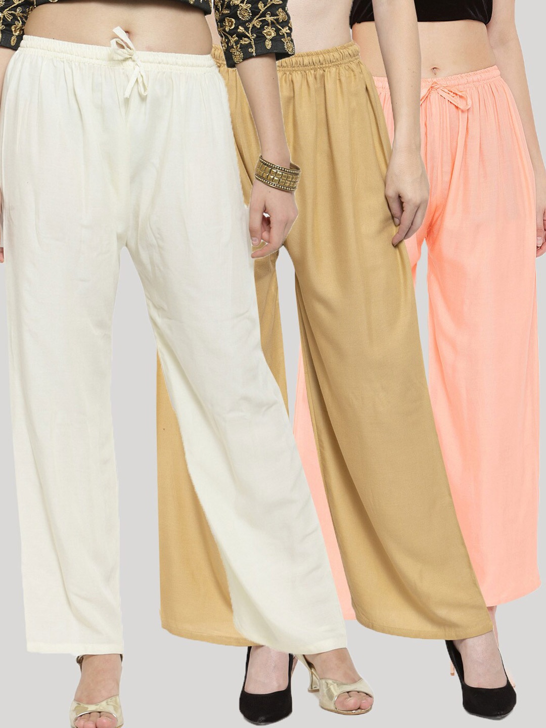 Clora Creation Women 3 Knitted Palazzos, Off white