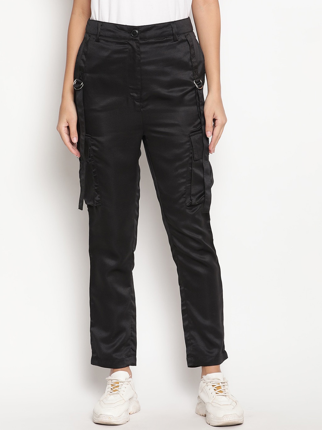 

HOUSE OF KKARMA Women Black Slim Fit Cargos Trousers