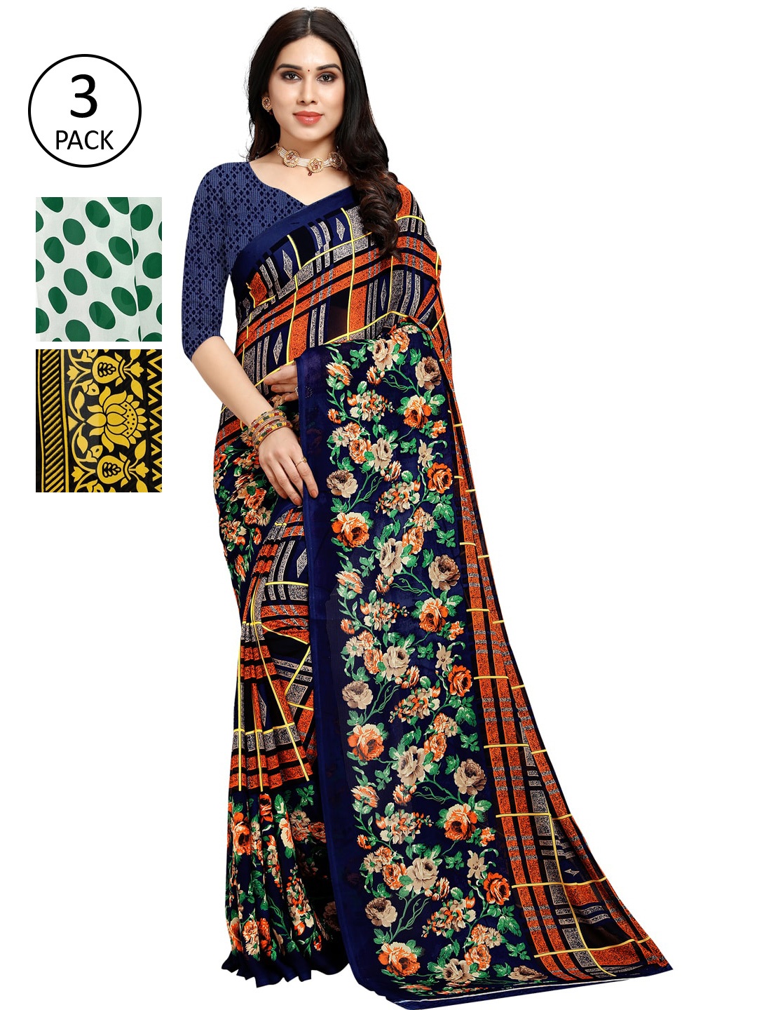 

KALINI Multicoloured Set of 3 Poly Georgette Saree, Multi