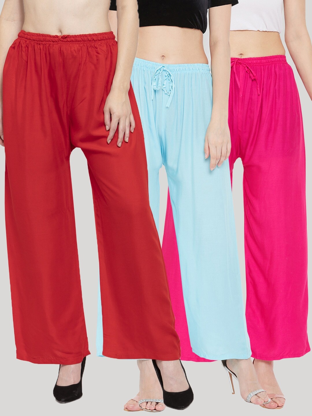 Clora Creation Women Pack Of 3 Multicoloured Knitted Straight Palazzos, Multi
