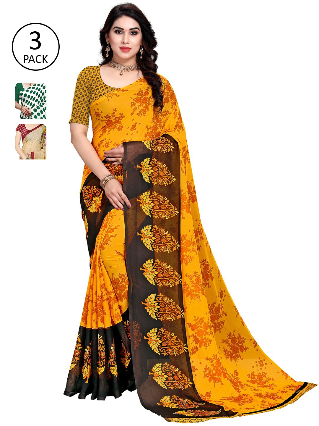

KALINI Pack Of 3 Poly Georgette Printed Sarees, Green