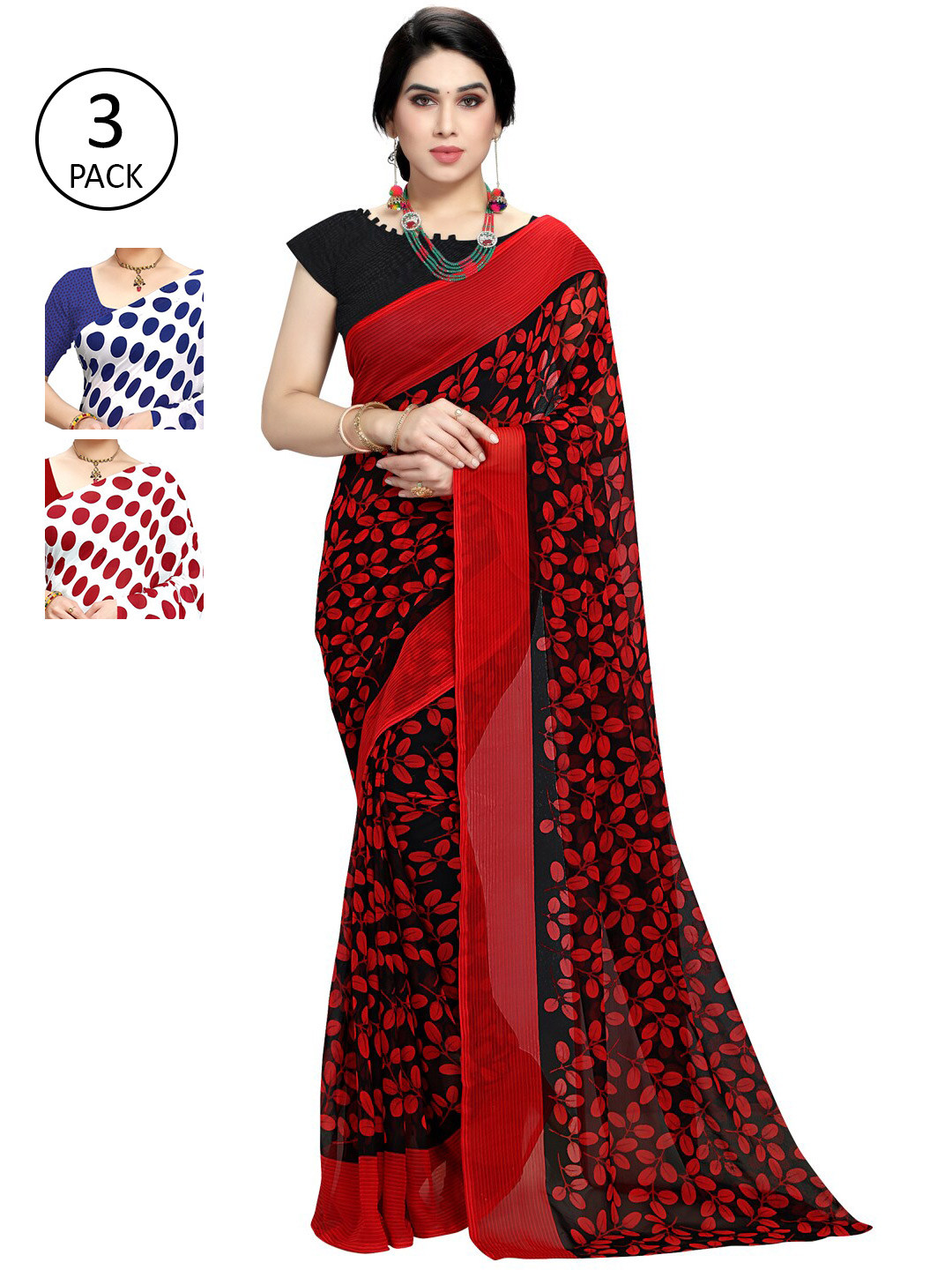 

KALINI Pack of 3 Poly Georgette Sarees, White