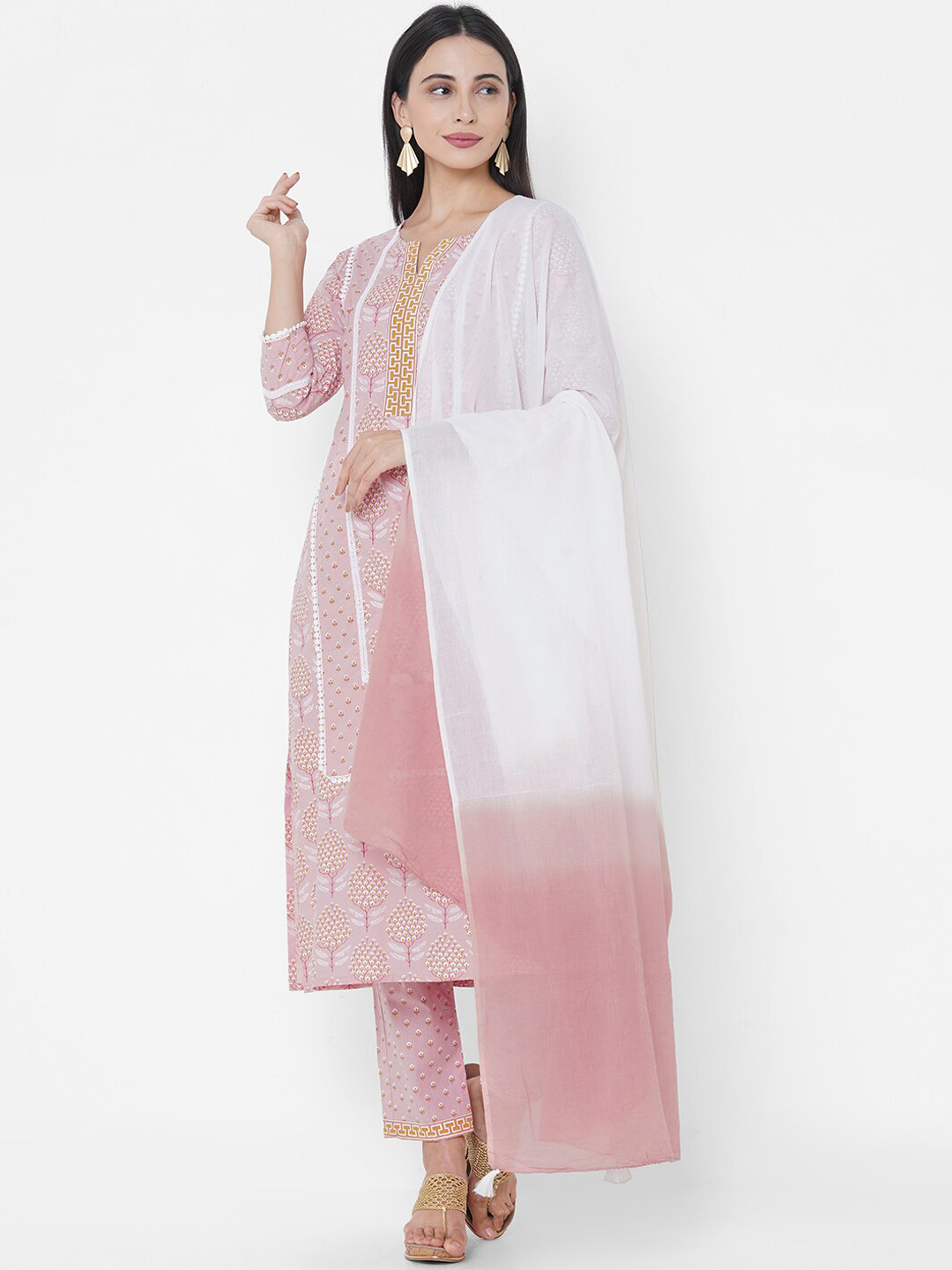 

FASHOR Women Pink Floral Printed Pure Cotton Kurta with Trousers & With Dupatta