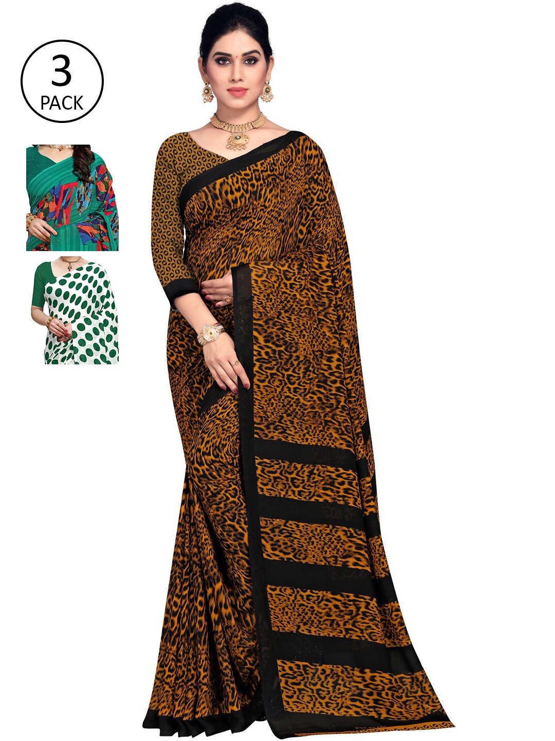 KALINI Pack of 3 Printed Poly Georgette Saree, Multi
