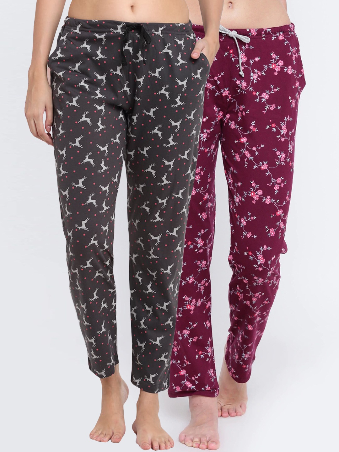 

Kanvin Women Pack Of 2 Printed Pure Cotton Lounge Pants, Charcoal