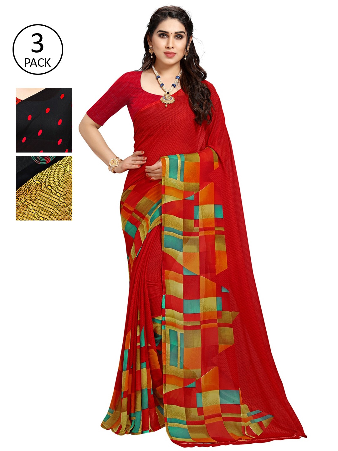 

KALINI Multicoloured Set of 3 Poly Georgette Saree, Multi