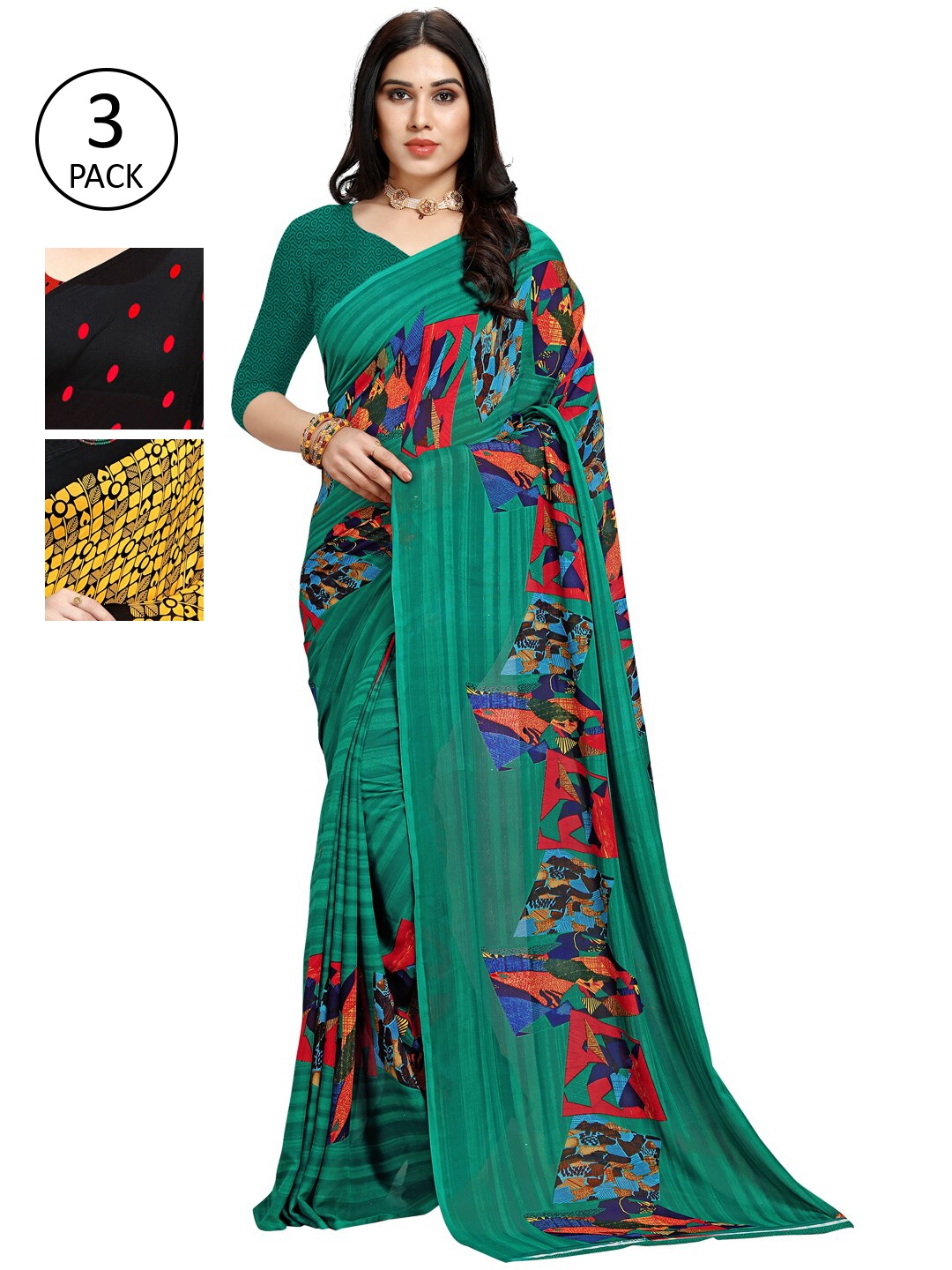 

KALINI Pack Of 3 Poly Georgette Sarees, Green