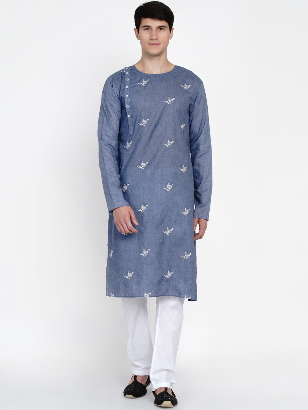 

Baawara By Bhama Men Blue Angrakha Pure Cotton Kurta with Pyjamas