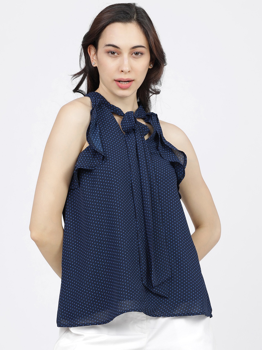 

Tokyo Talkies Women Navy Blue Tie-Up Neck Ruffles Regular Top