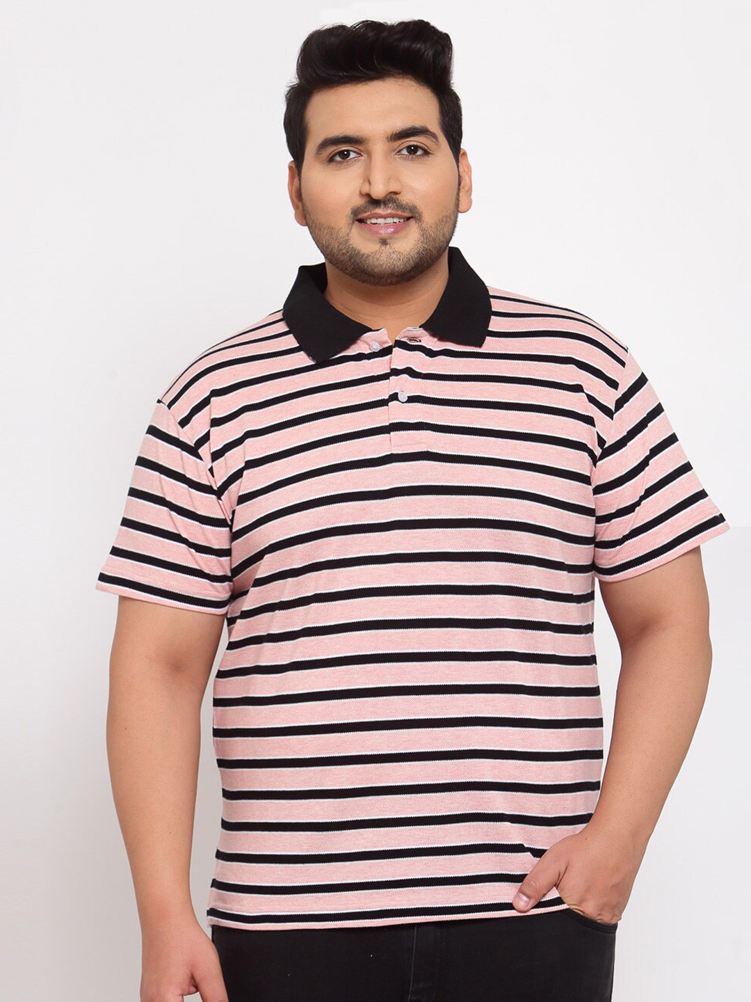 

plusS Men Pink Striped Polo Collar T-shirt