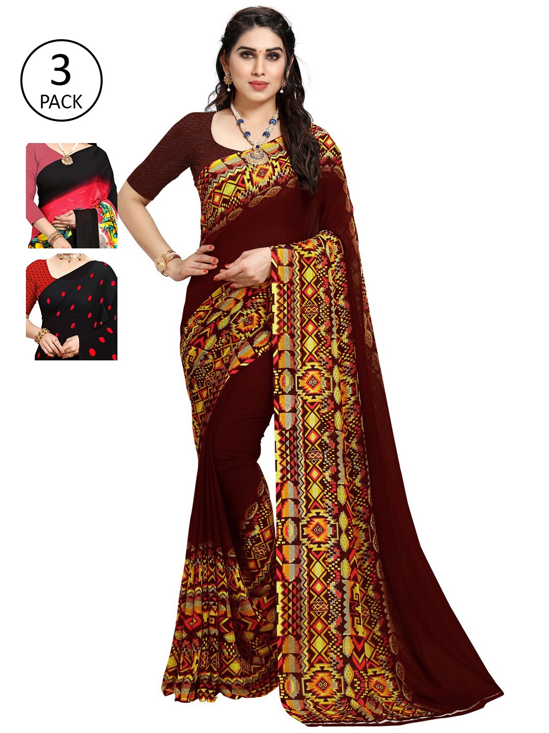

KALINI Women Pack of 3 Printed Sarees, Black