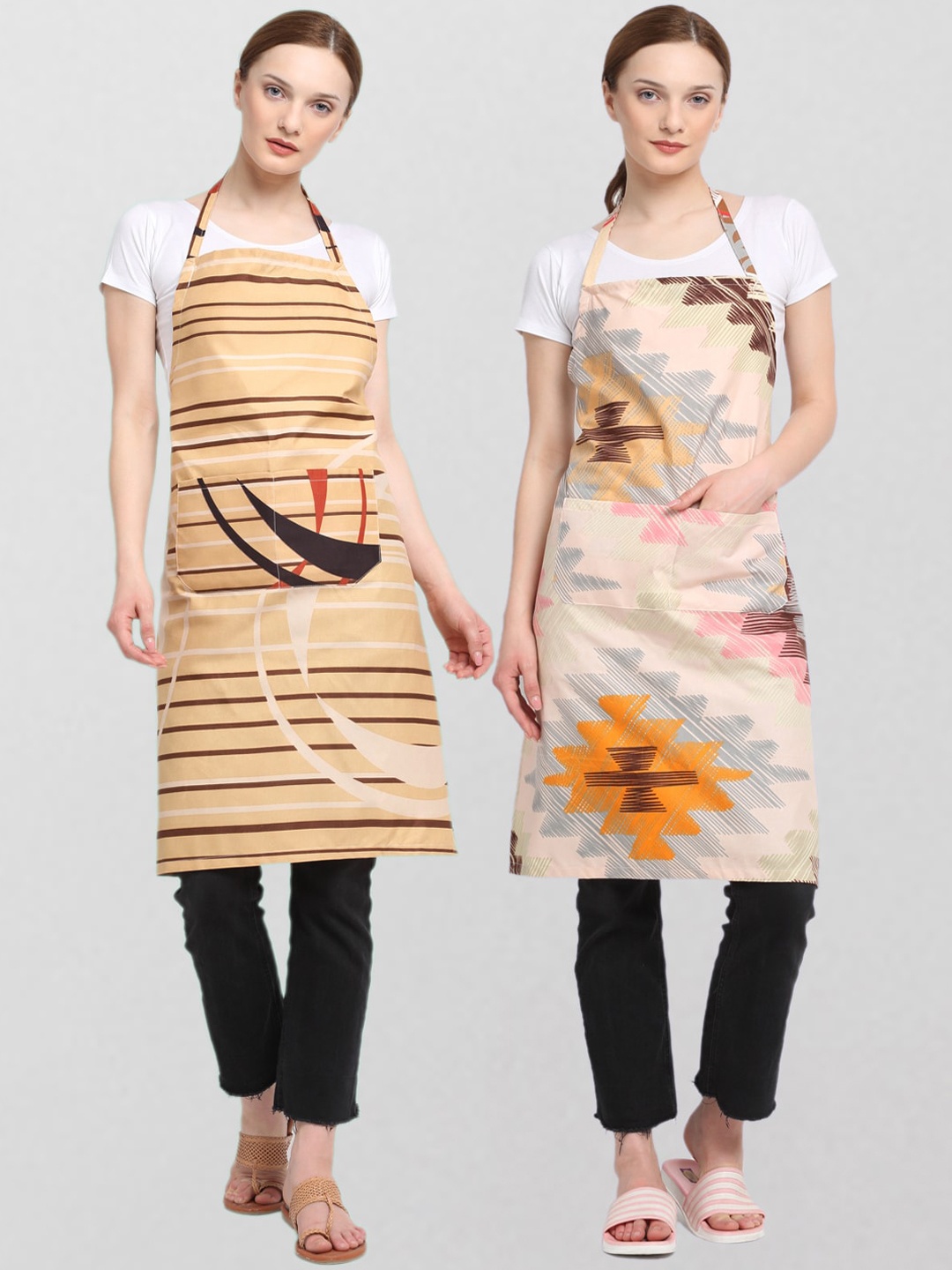 

KLOTTHE Unisex Pack Of 2 Printed Cotton 210 TC Aprons, Beige
