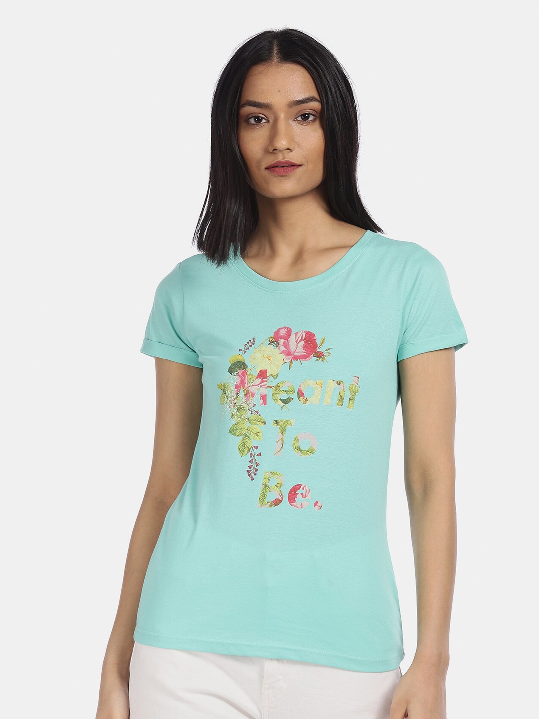 

Sugr Women Blue Typography Printed Applique T-shirt