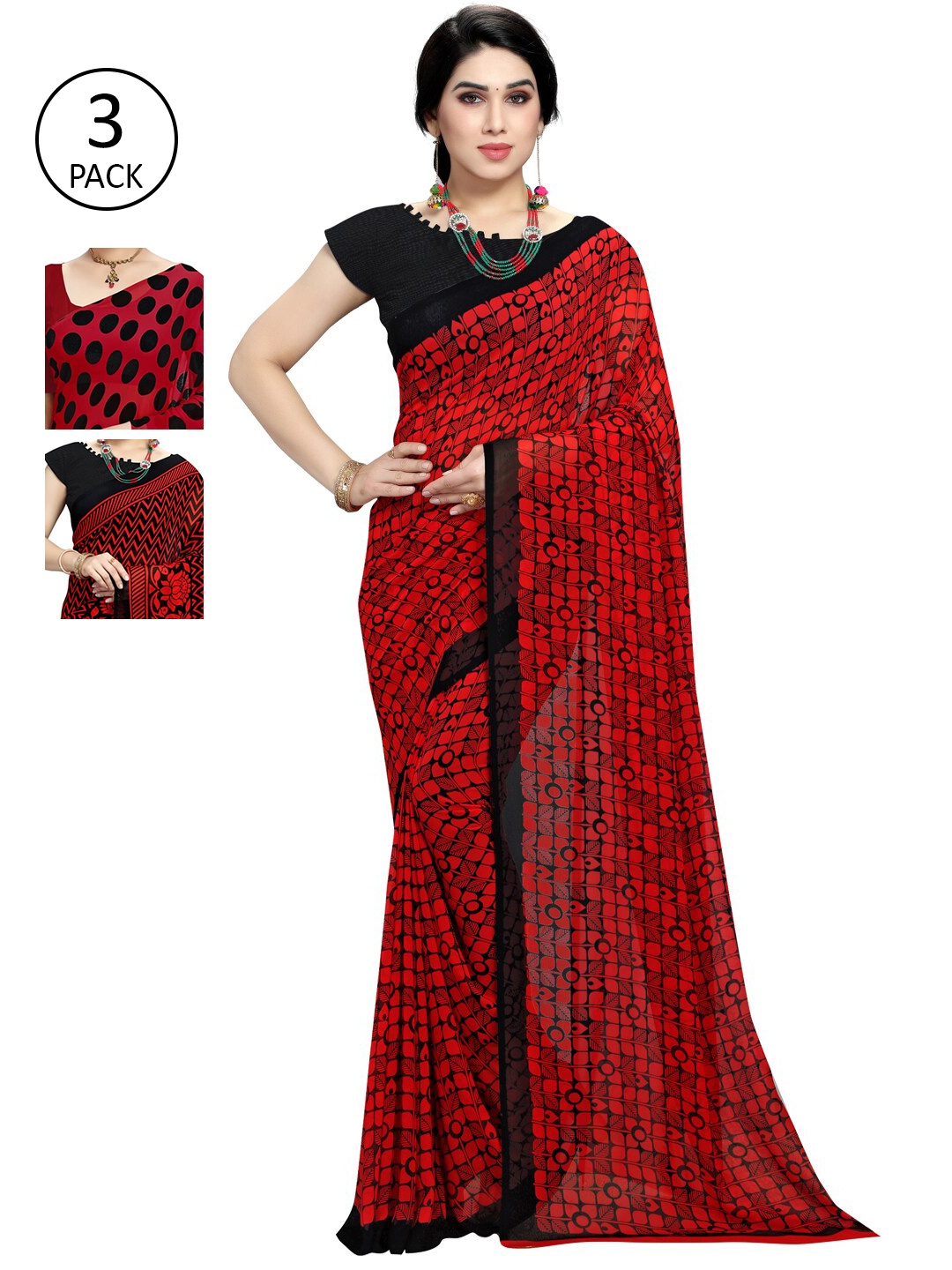 

KALINI Multicoloured Set of 3 Poly Georgette Saree, Multi
