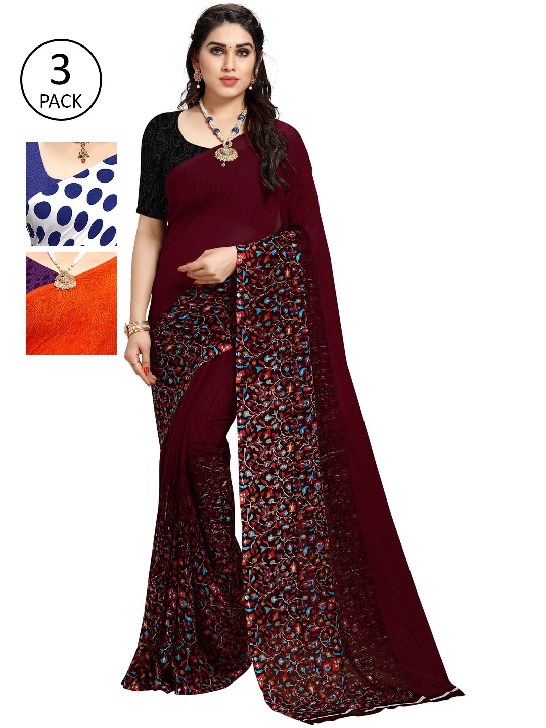 

KALINI White & Blue Pack of 3 Printed Saree