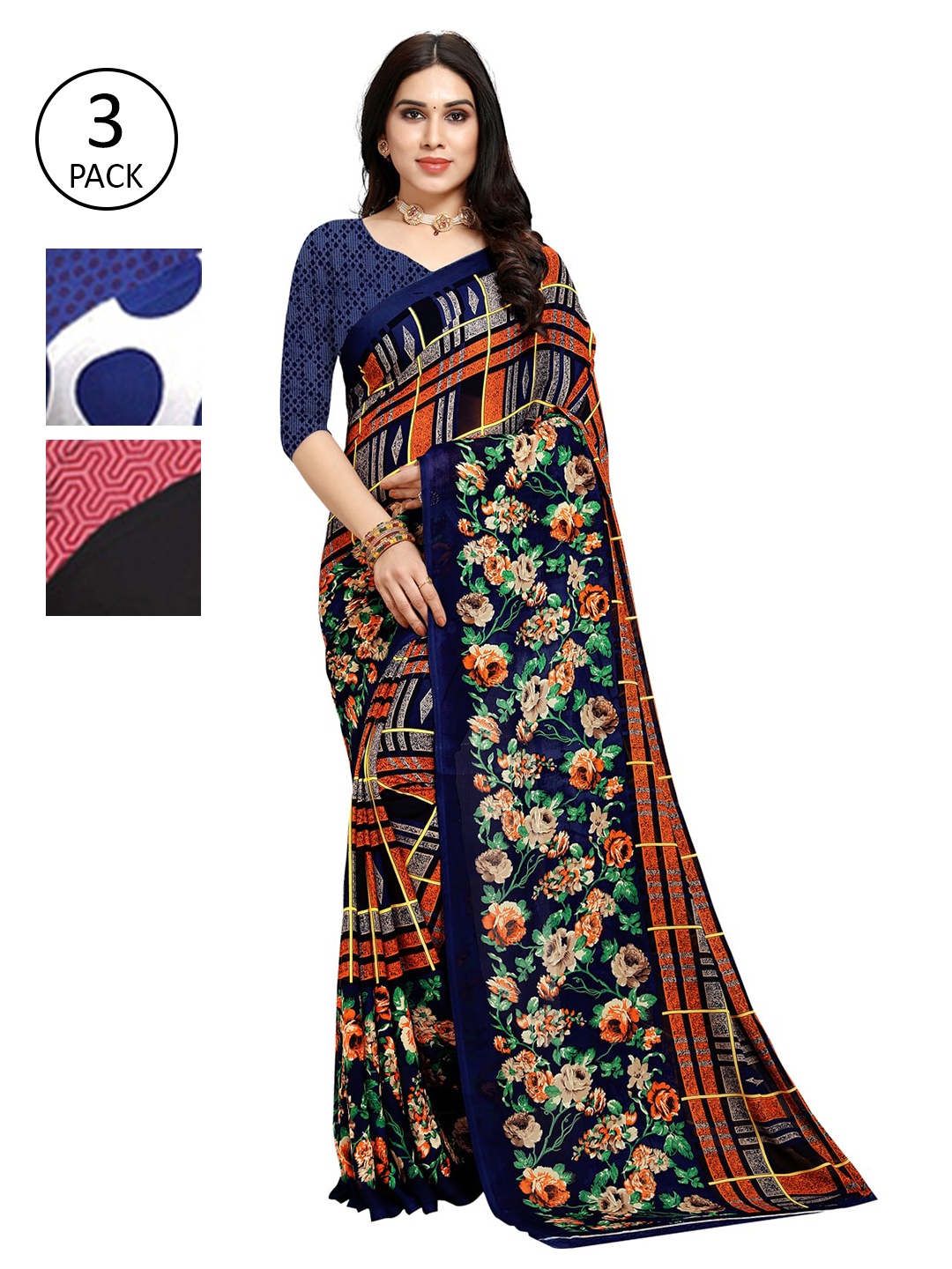 

KALINI White & Blue Pack of 3 Printed Saree