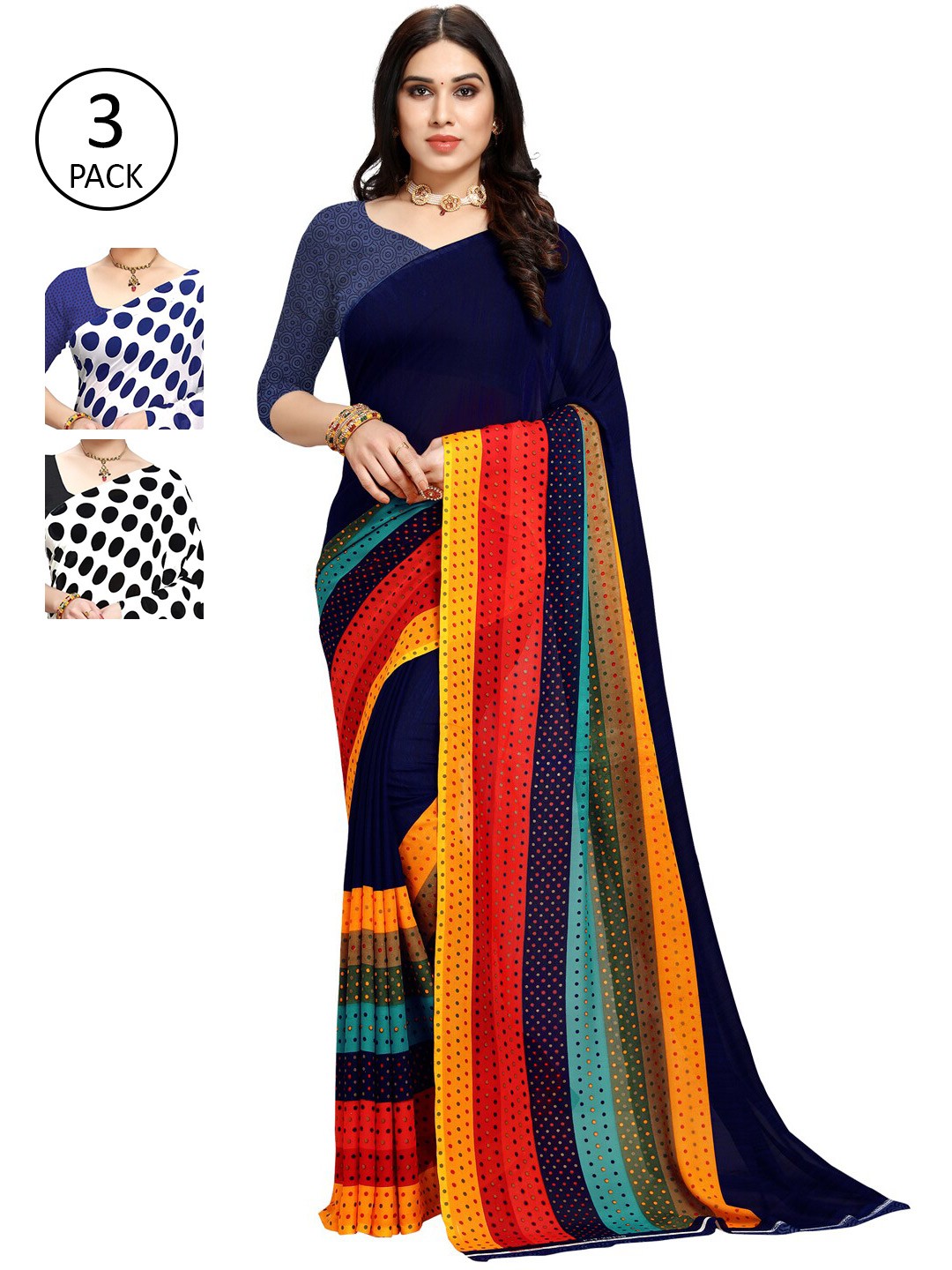 

KALINI Pack of 3 Poly Georgette Sarees, Blue