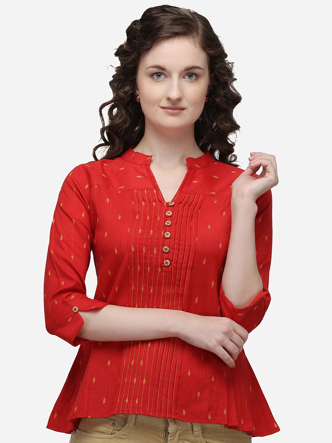 

RAISIN Red & Yellow Mandarin Collar Tunic