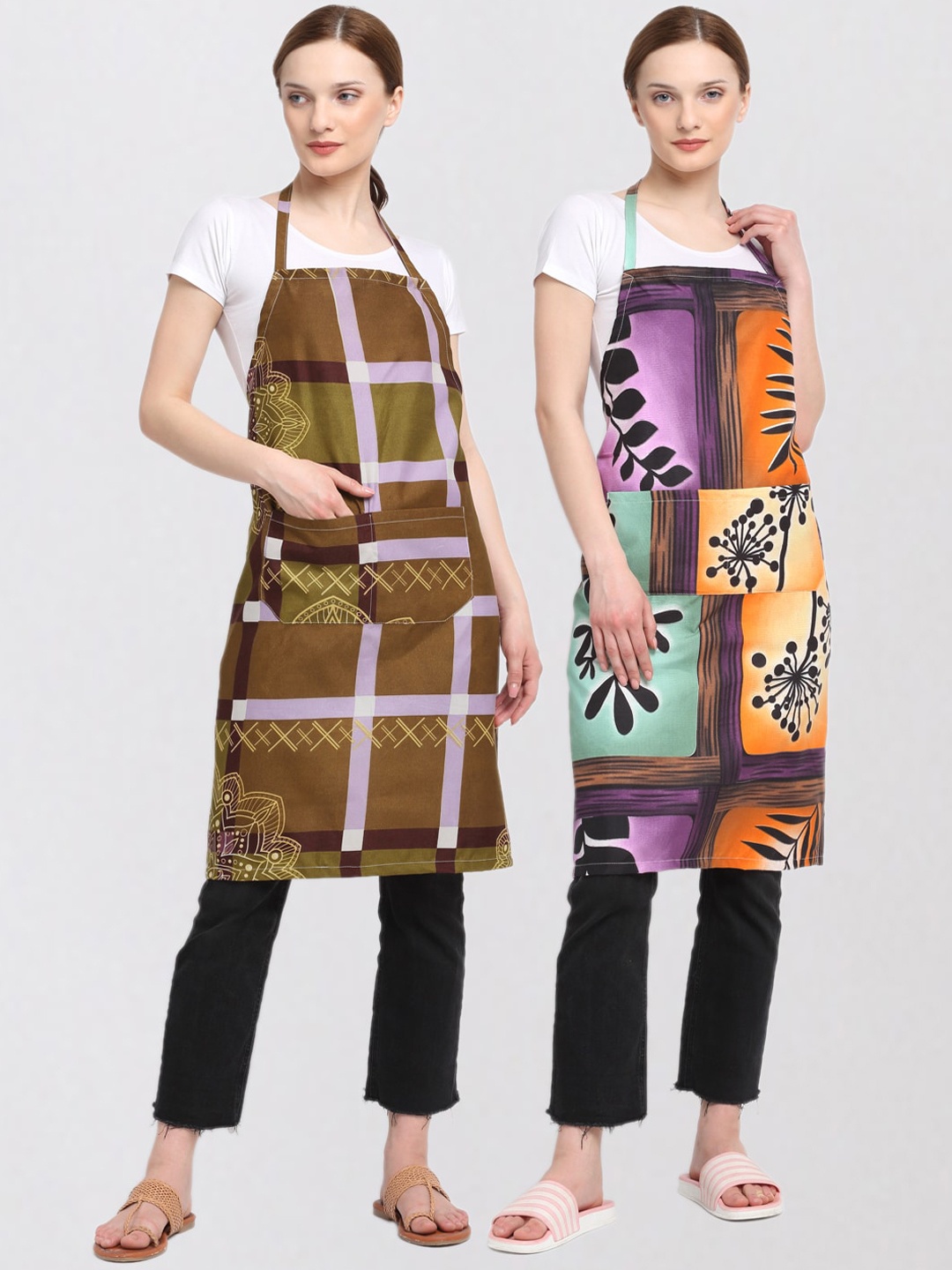 

KLOTTHE Unisex Pack Of 2 Printed 210 TC Cotton Aprons, Brown