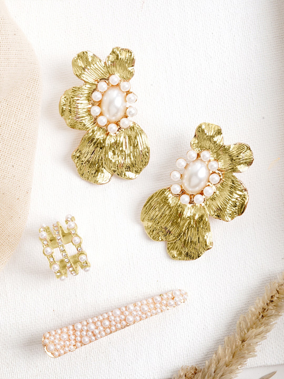 

JOKER & WITCH Women Gold-Toned & White Stone Pearl Studded Naz Jewellery Set