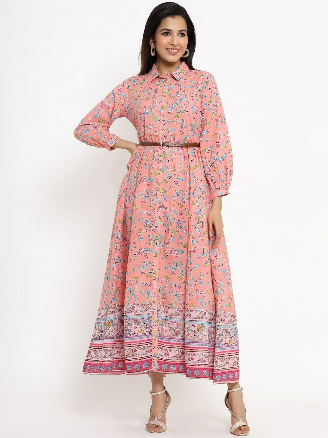 

Juniper Coral Floral Shirt Style Dress Maxi Dress With Belt & Mask