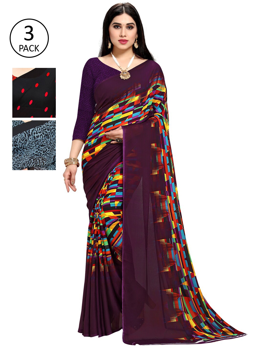 

KALINI Women Pack of 3 Printed Sarees, Red