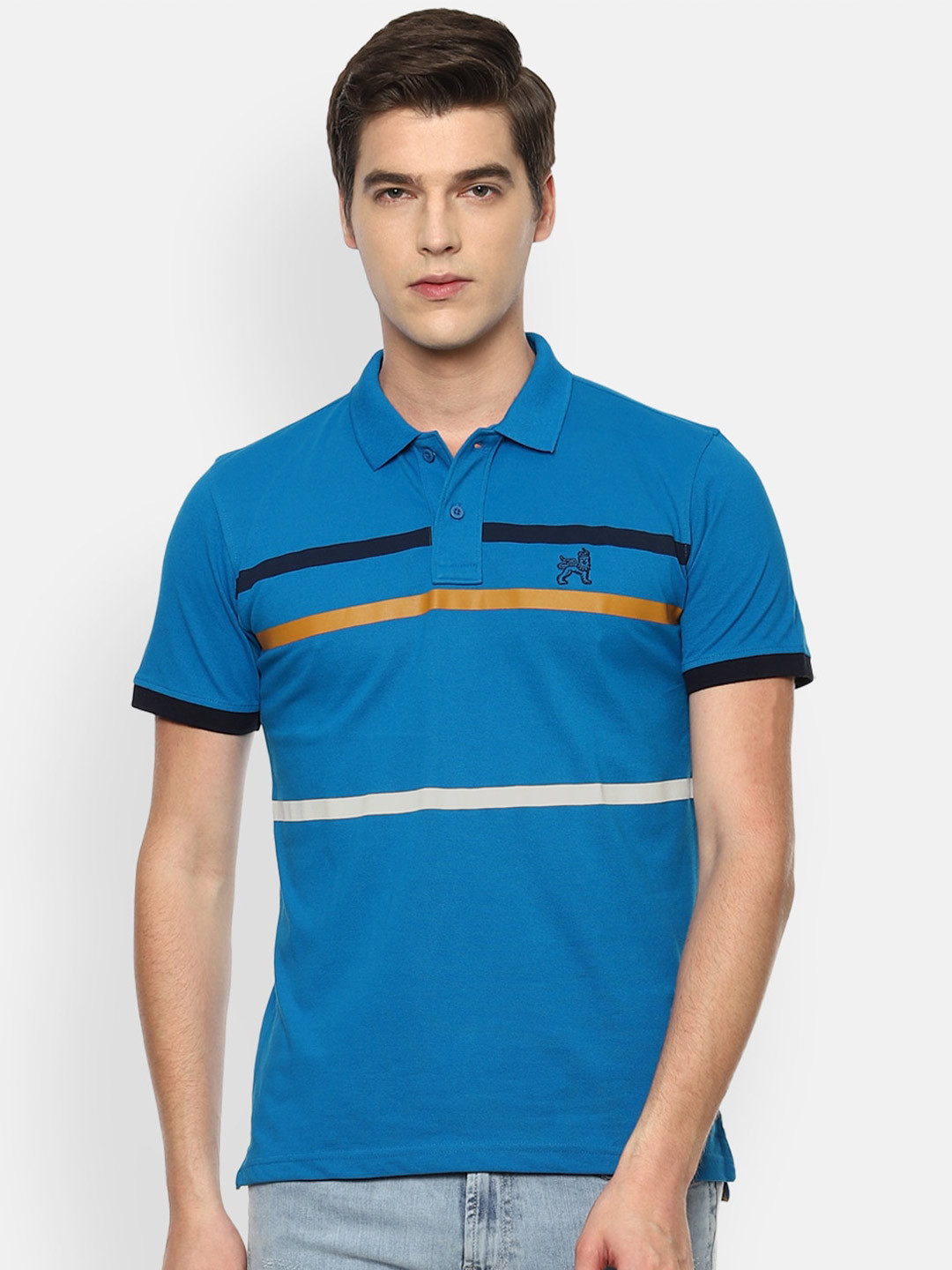 

Van Heusen Sport Men Blue Striped Polo Collar Applique T-shirt