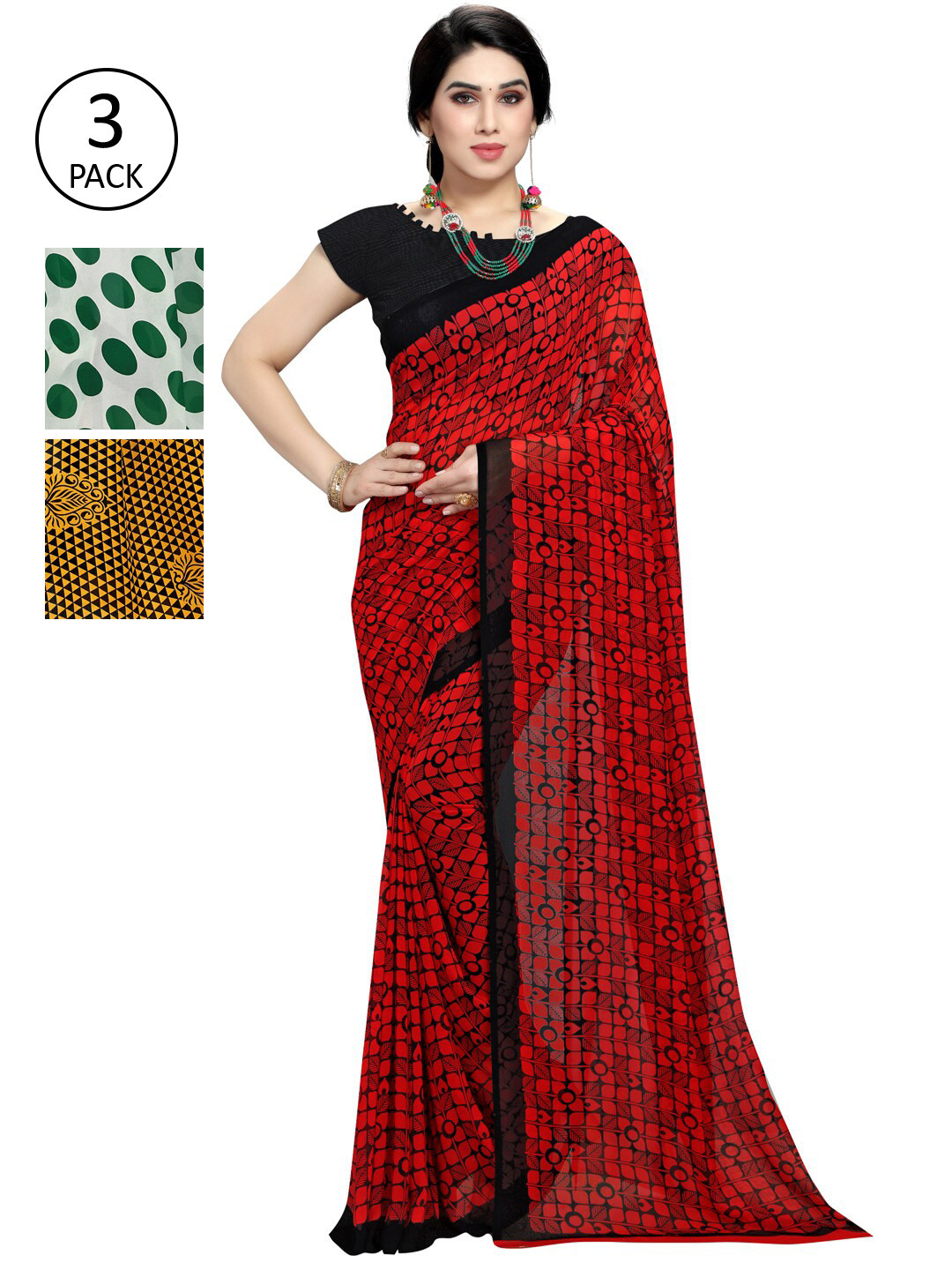 

KALINI Pack Of 3 Green & White Saree