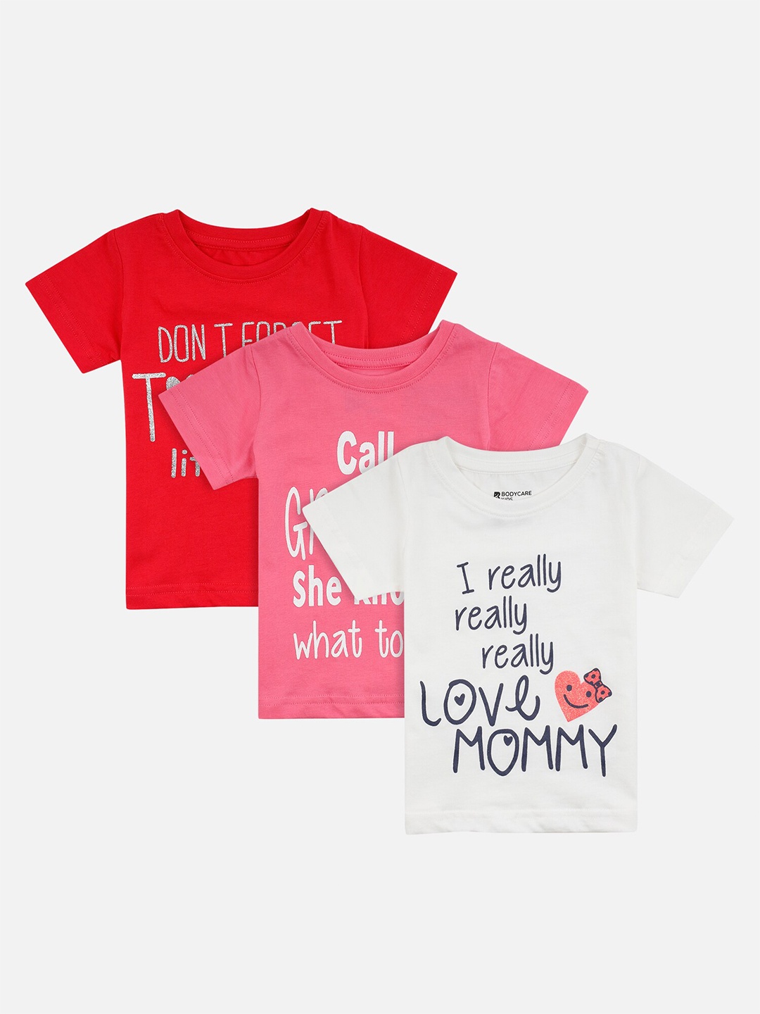 

Bodycare Kids Girls Red & White Pack of 3 Printed Slim Fit T-shirt
