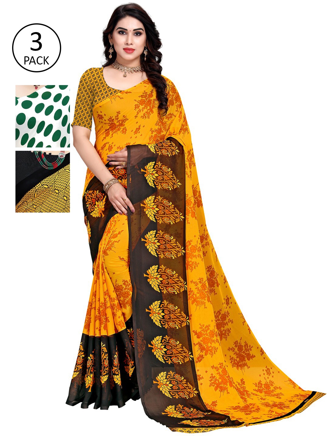 

KALINI Pack of 3 Poly Geirgette Printed Sarees, Yellow