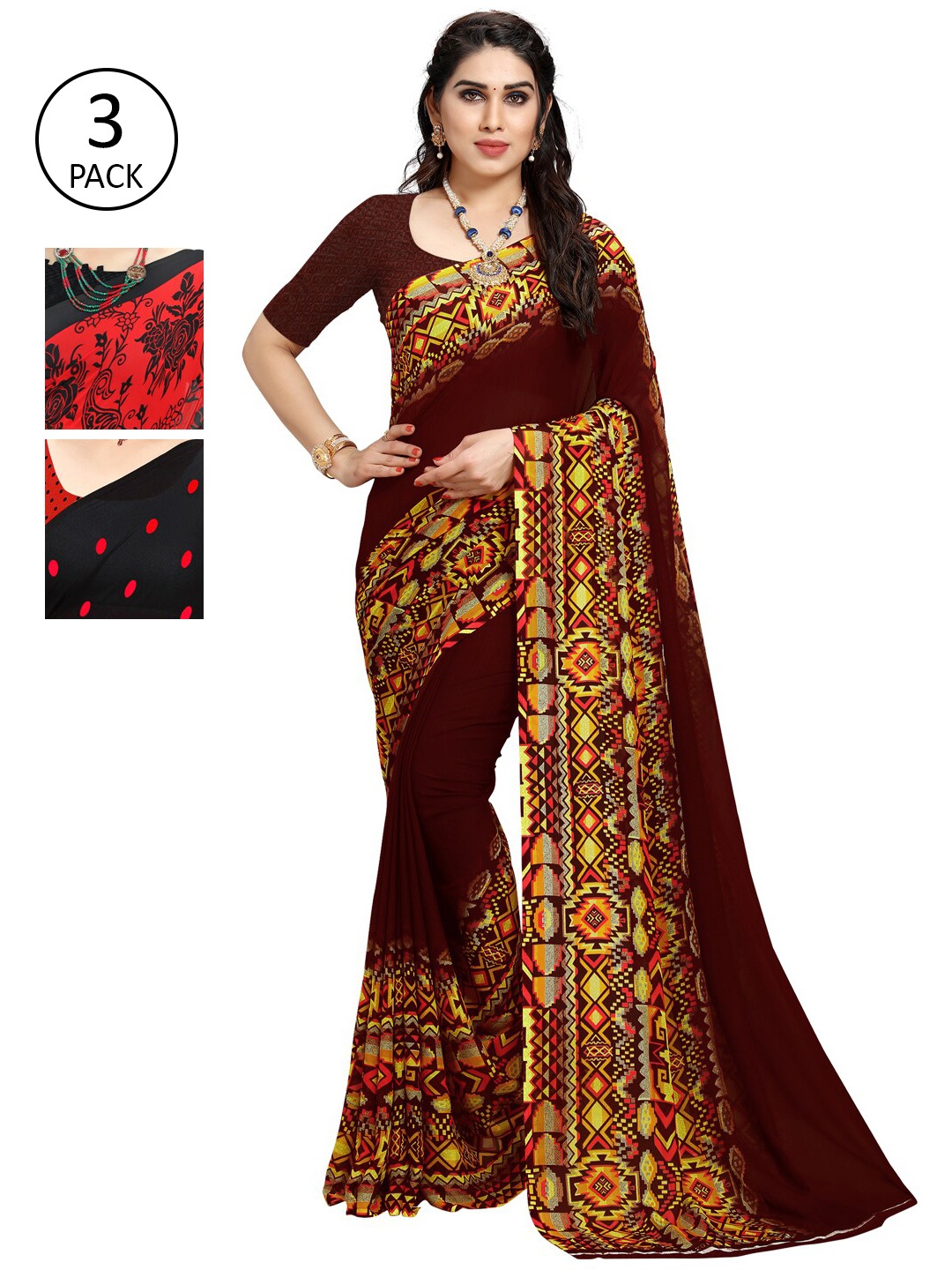 

KALINI Pack Of 3 Red & Black Saree