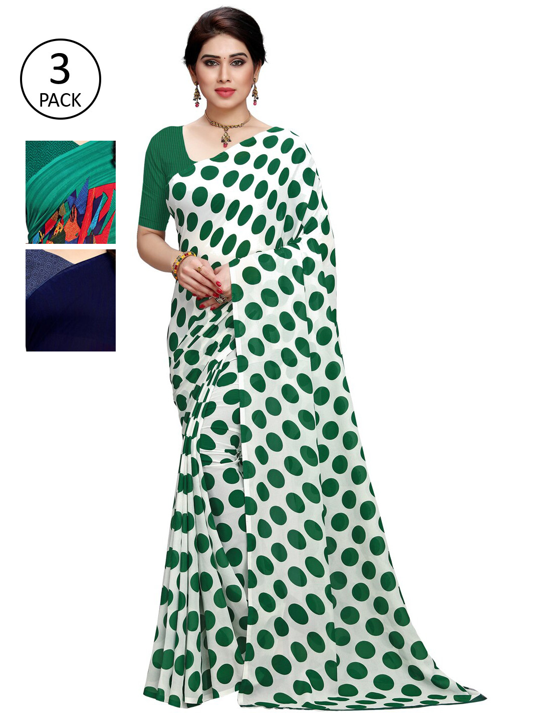 

KALINI Women Pack of 3 Printed Poly Georgette Sarees, Green