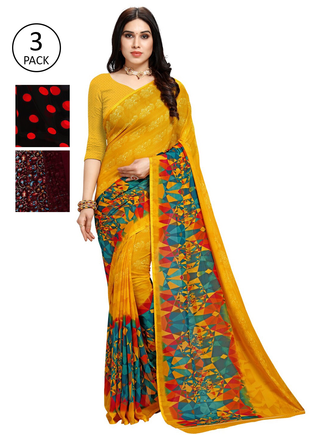 

KALINI Pack of 3 Poly Georgette Printed Sarees, Red