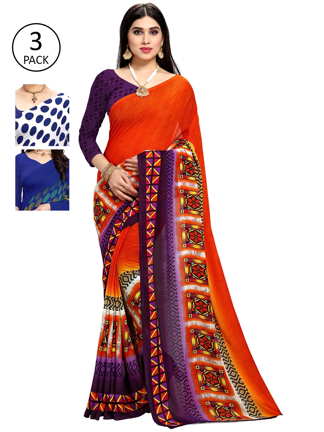 

KALINI Pack Of 3 Poly Georgette Sarees, Orange