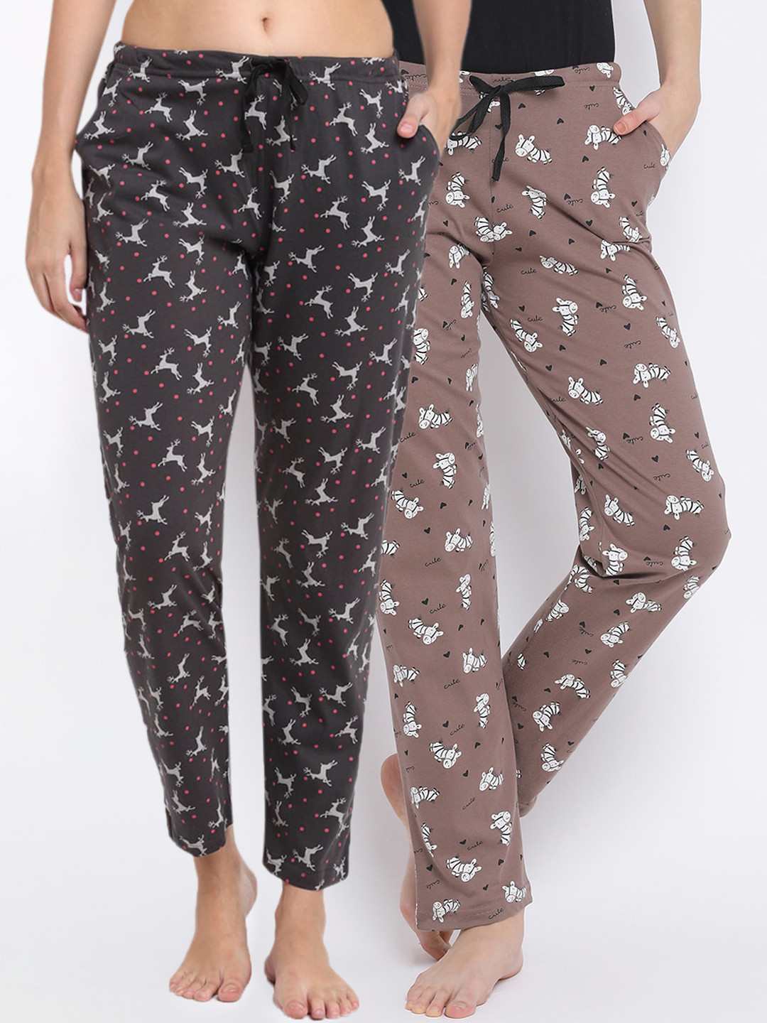 

Kanvin Women Pack Of 2 Charcoal Coloured & Brown Printed Pure Cotton Lounge Pants